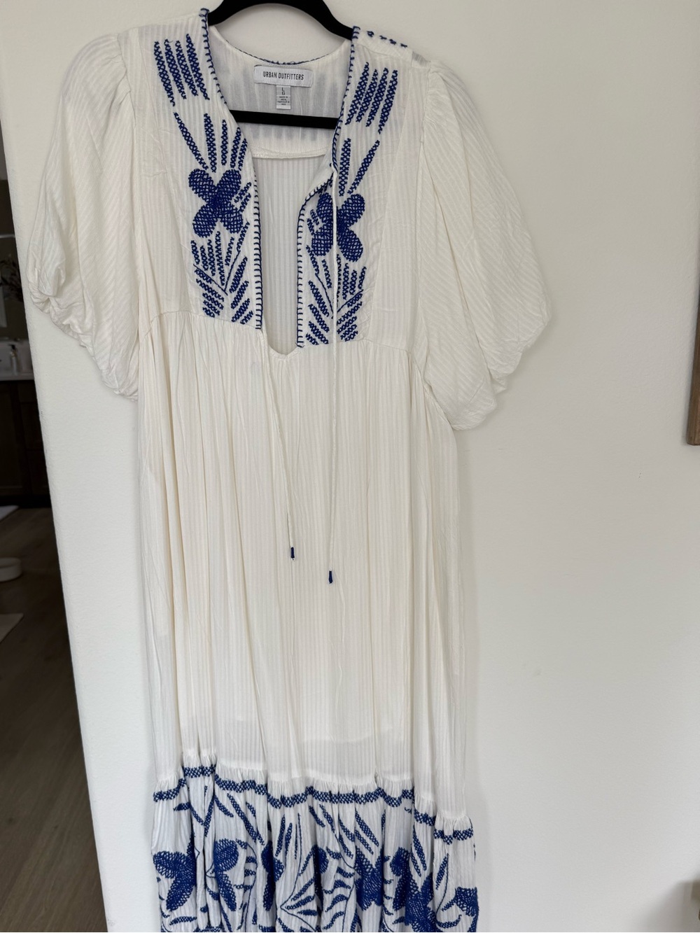 Urban Outfitters White Maxi Dress with Blue Embroidery